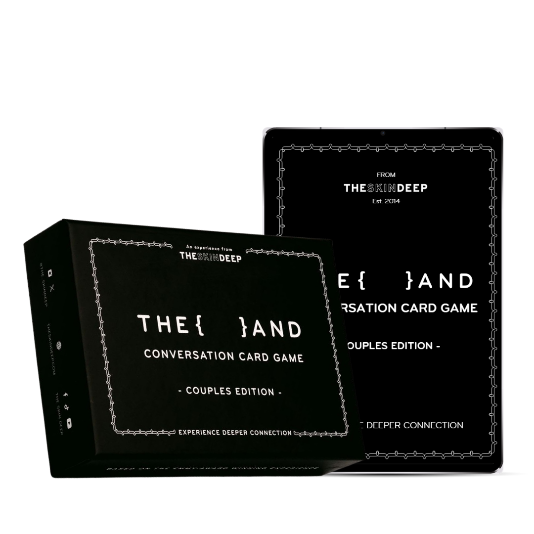 Black conversation card game packaging with 'The And' branding on a white background