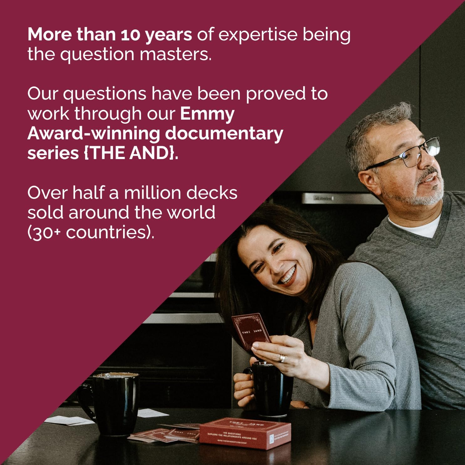 Couple playing a card game with text about expertise and success in a documentary series.