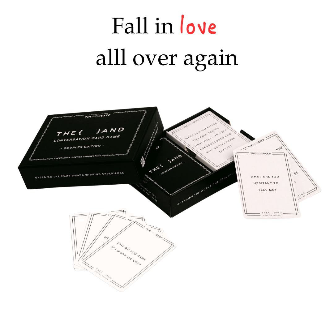 Card game packaging with cards spread out on a white background, featuring text &