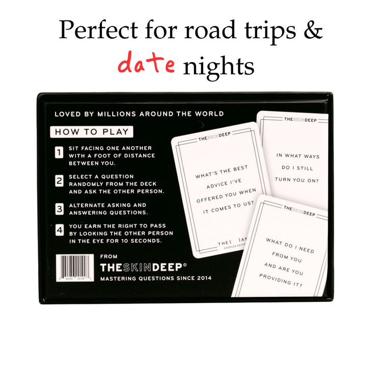Card game packaging with text 'Perfect for road trips & date nights' and 'The Skin Deep' branding.