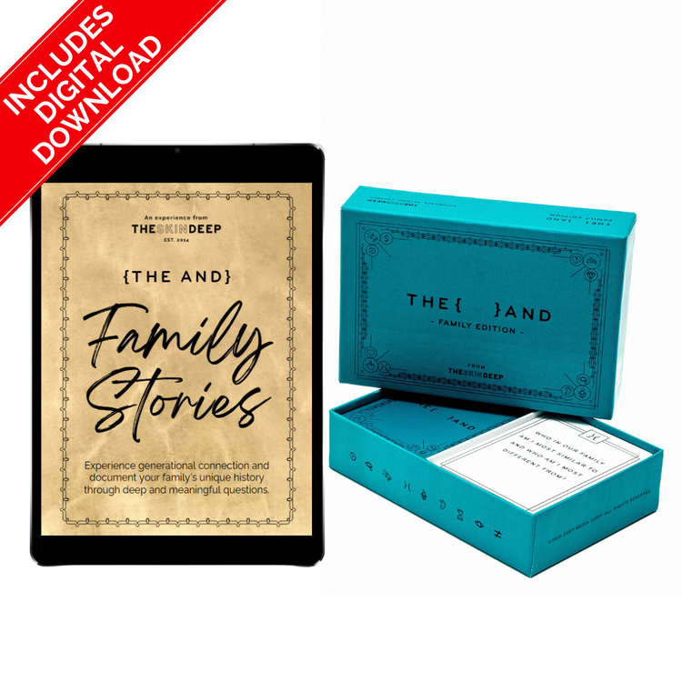 A tablet with {THE AND} Family Stories on it and a deck of {THE AND} Family Edition Cards